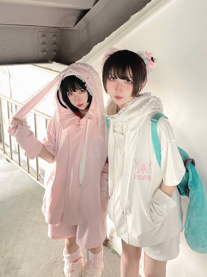 Harajuku Fashion Pink White Hoodie With Bunny Ear 29444:349844 29444:349844