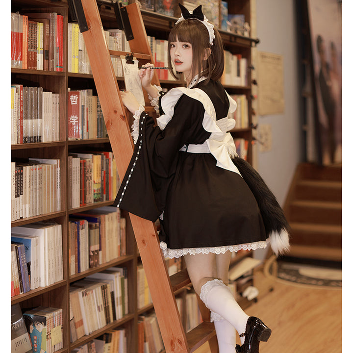 Kawaii Black Maid Blouse Flutter Sleeve Apron Suspender Skirt Set 42282:734781