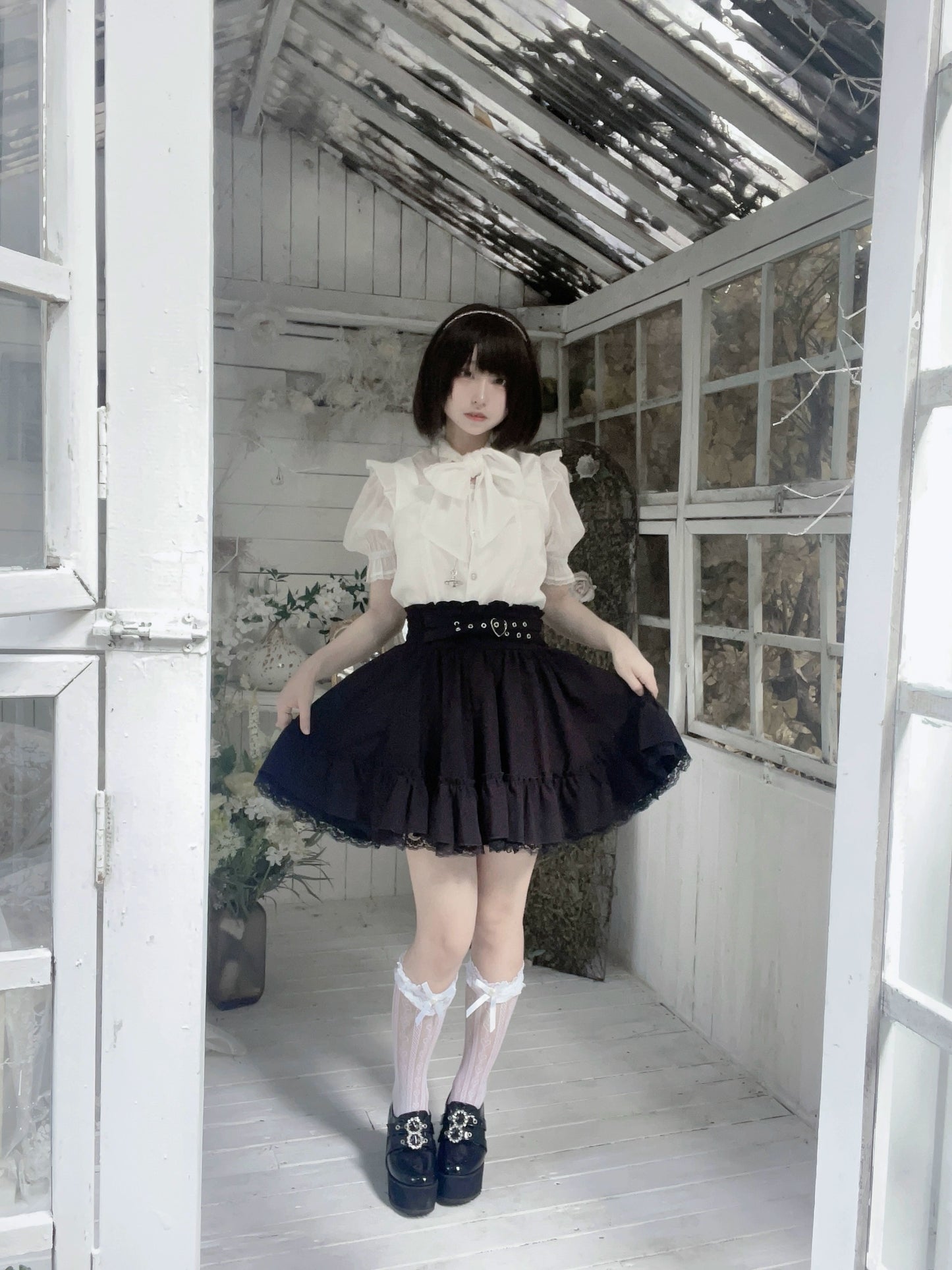 Jirai Kei Blouse Black White Pink Shirt Bowknot Short Sleeve Shirt 31994:425548