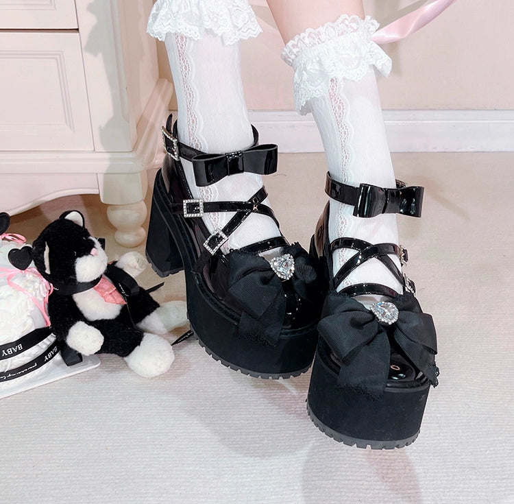 Jirai Kei Shoes Bow High-heeled Platform Ryousangata Shoes 38040:594236