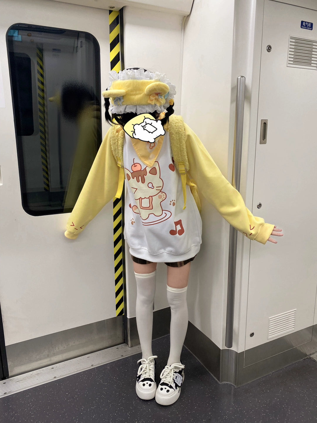 Kawaii Creamy Yellow Raglan Sleeve Long T-shirt Hoodie 22668:338332 22668:338332