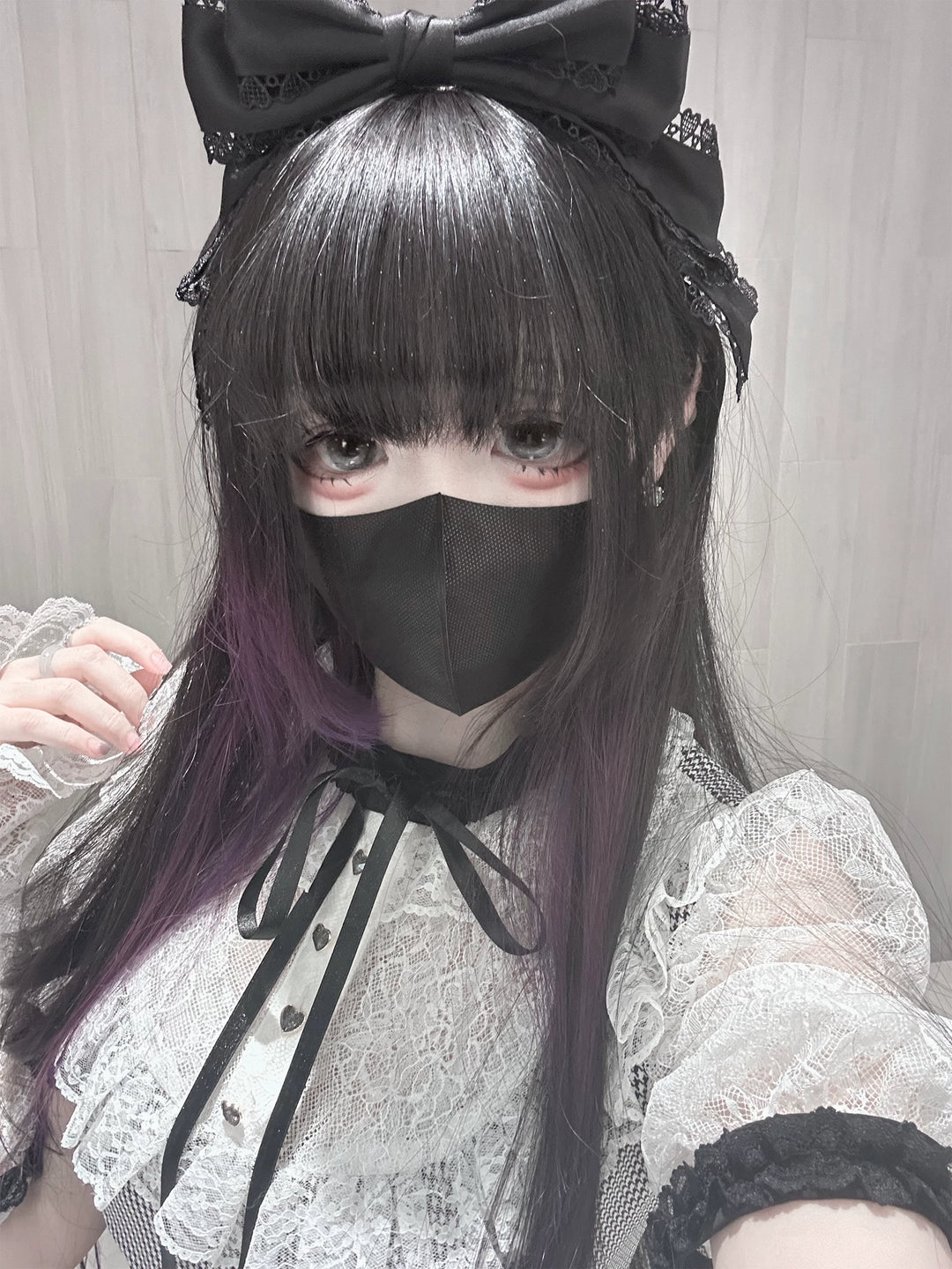 Jirai Kei Houndstooth Pattern Dress, Lace & Detachable Sleeves 44922:828287