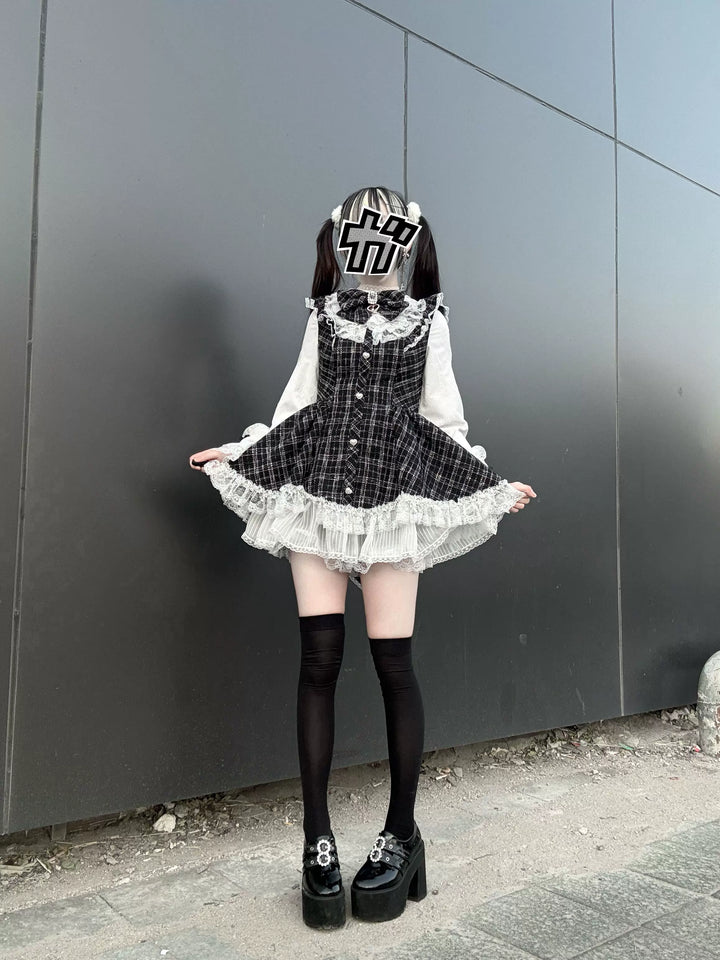 Jirai Kei Plaid Dress Set, Petal-Shaped Lace Hem 44765:825653