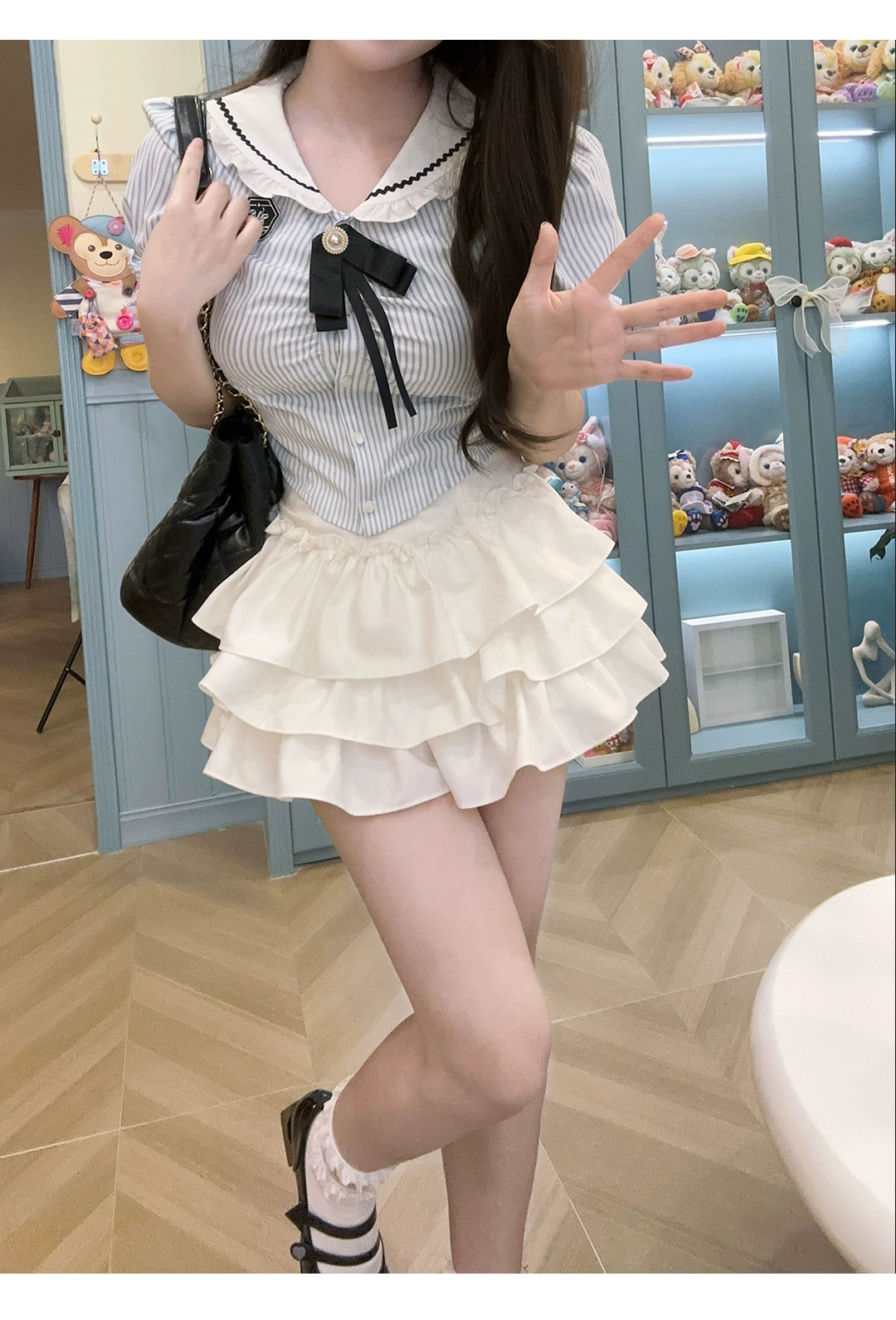 Gyaru Fashion Outfit Puff Sleeves Blouse High Waist Skirt 37010:549170