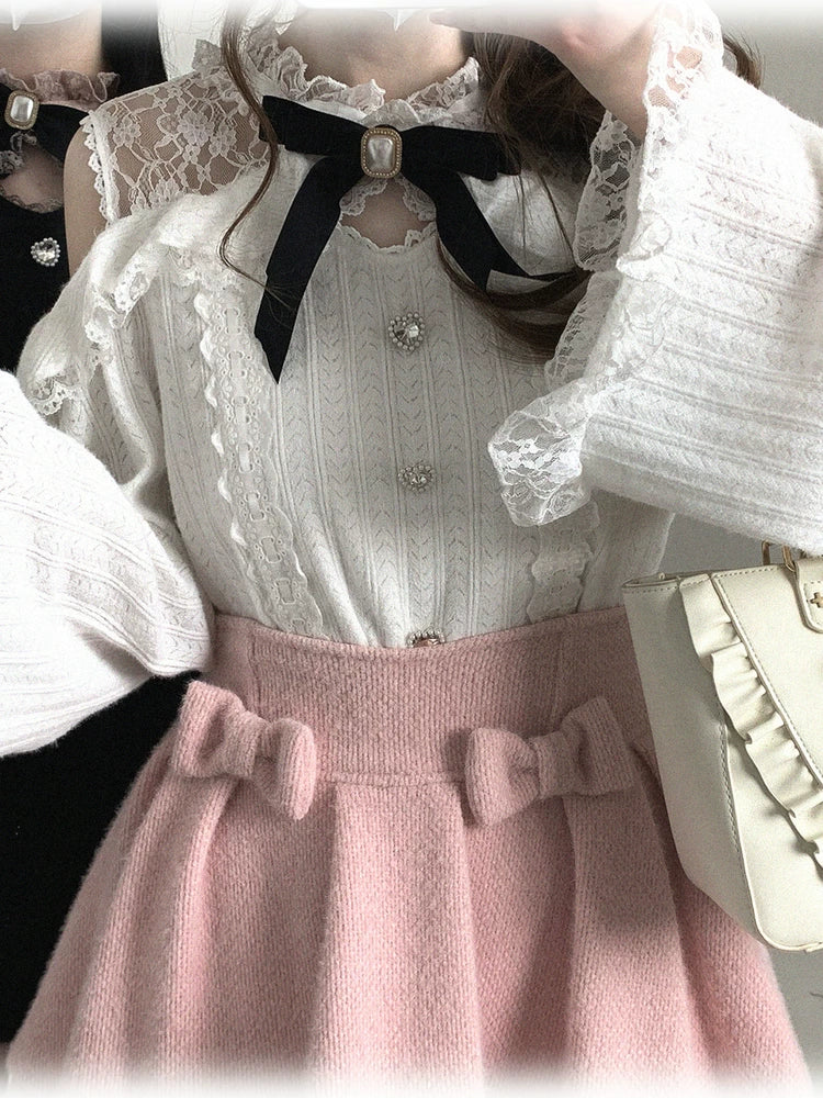 Jirai Kei Off-Shoulder Sweater, Lace Neck 44471:811010