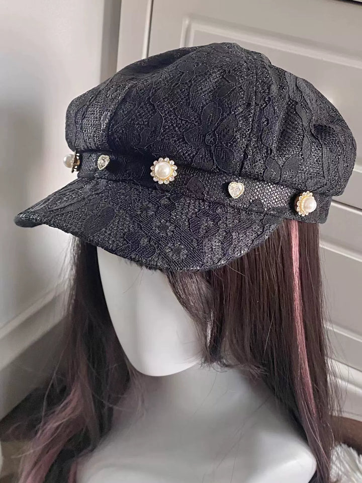 Jirai Kei Hat Rhinestone Lace Hat Japanese Subculture Hat (Black) 34382:461762 (Black) 34382:461762