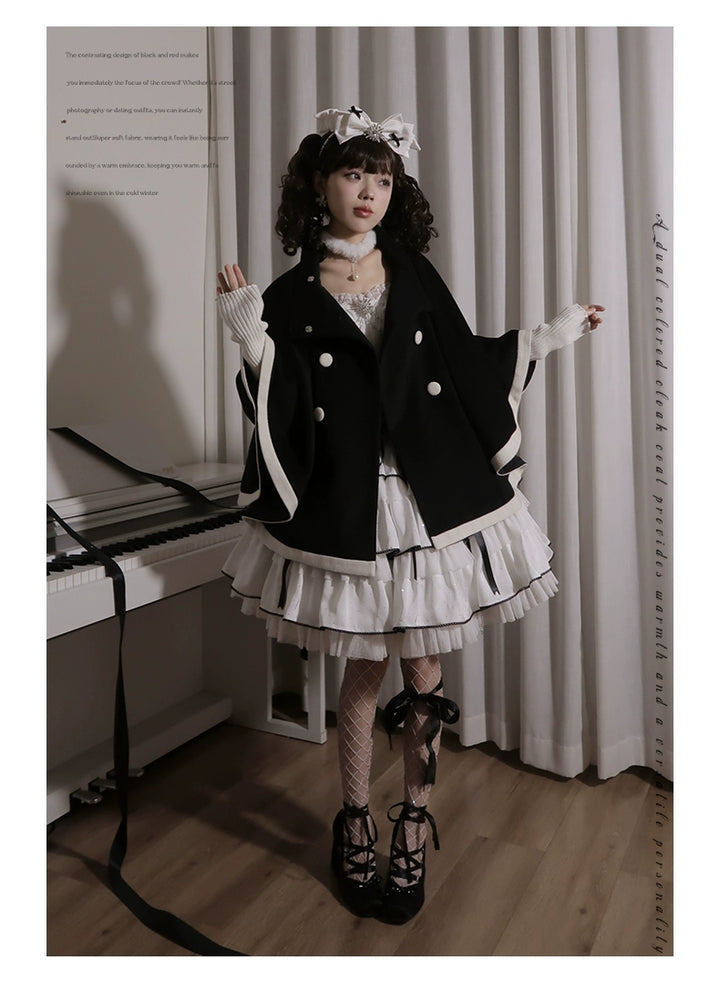 Elegant Lolita Winter Coat Black and White Camellia Cape 40284:658252