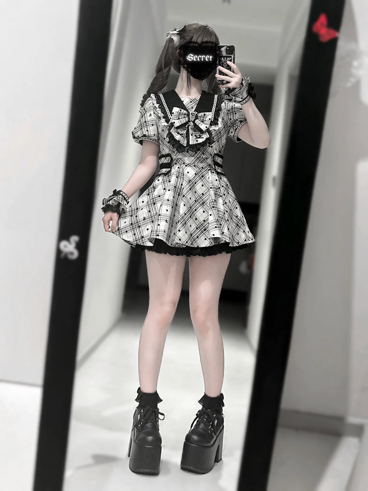 Cotton Lining Jirai Kei Dress, Plaid & Polka Dot Style 44924:829907