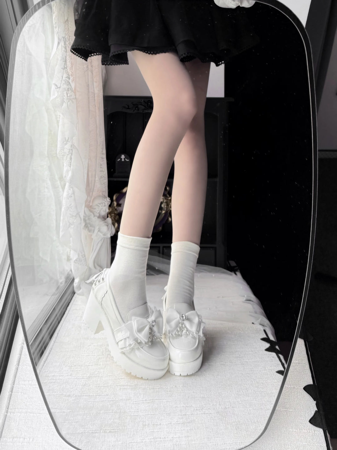 Jirai Kei Heeled Shoes, Pearl Chain and Cross Details (35 36 37 38 39 40) 45695:860659