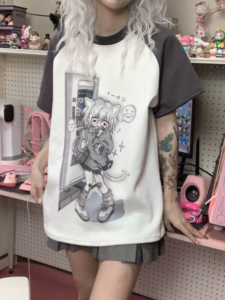 Y2K Tenshi Kaiwai Dark Grey Sky Blue Detachable Sleeves T-shirts 29182:337068 29182:337068