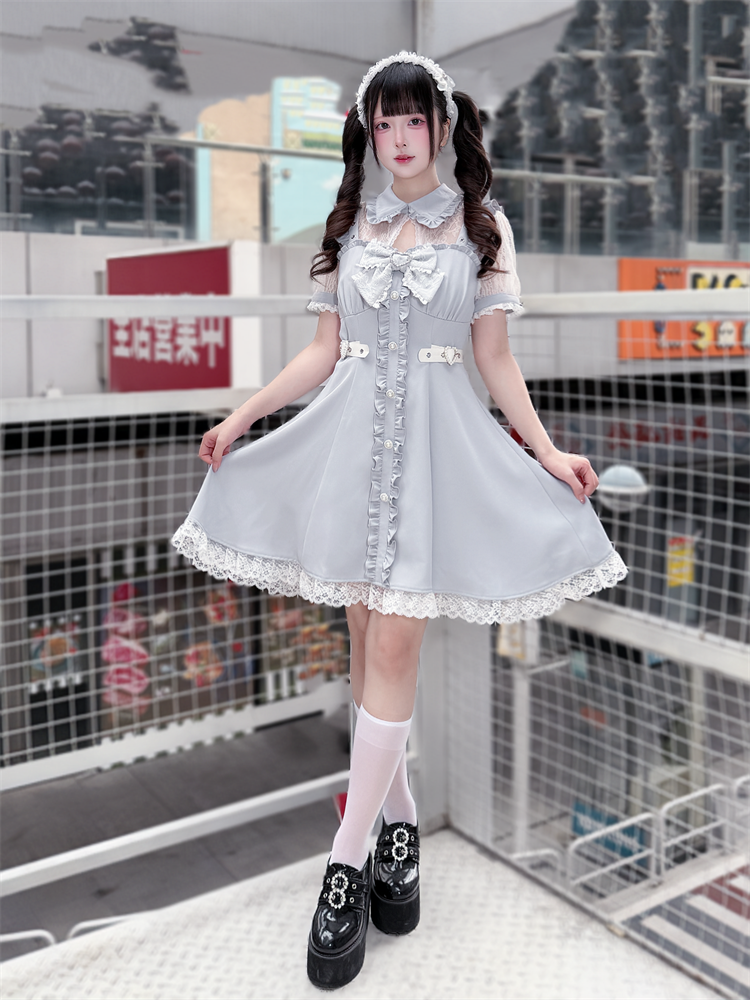 Dusty Blue Ryousangata High Waist Dress, Upper Lace Panel 45574:856199