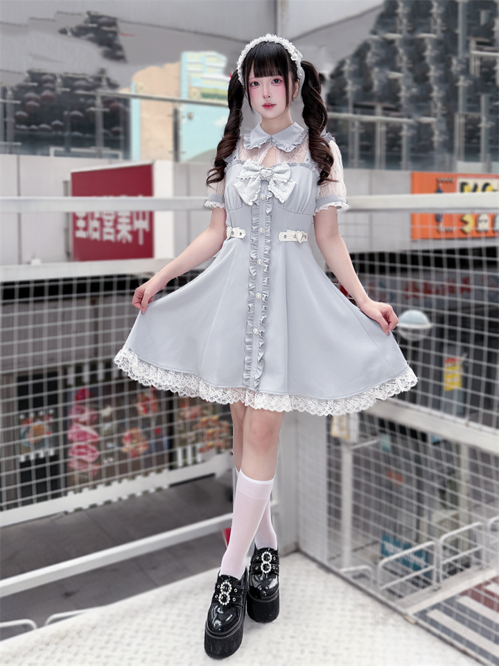 Dusty Blue Ryousangata High Waist Dress, Upper Lace Panel 45574:856199