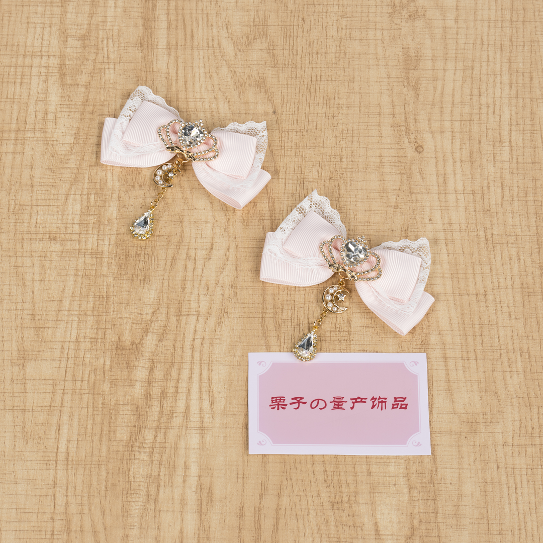 Jirai Kei Bow Hair Clips, Rhinestone Crown and Pearl Chain 44194:802718