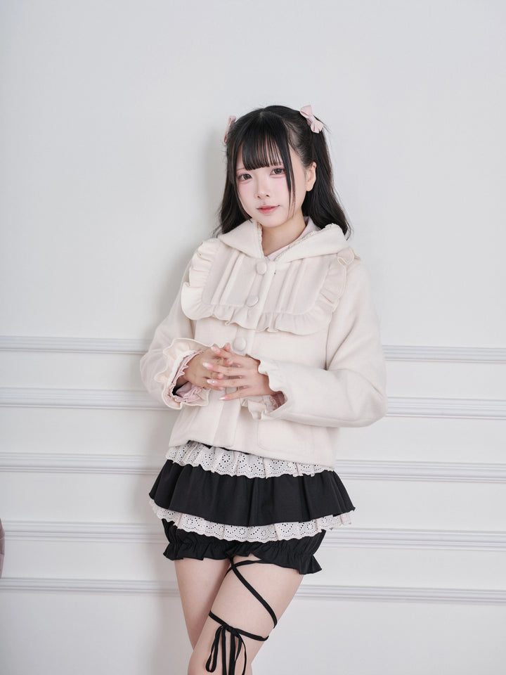 Ryousangata Hooded Solid Coat, Ruffled Neckline 45955:870332