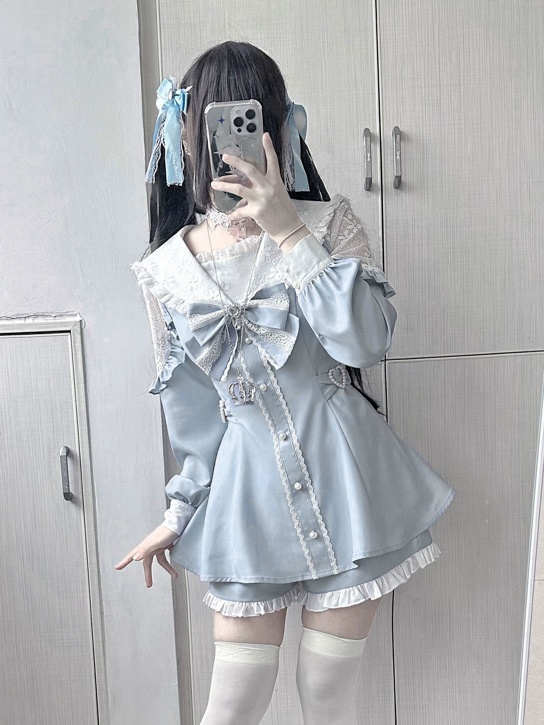 Jirai Kei Dress Set Sailor Collar Long-sleeved Dress 34502:461936