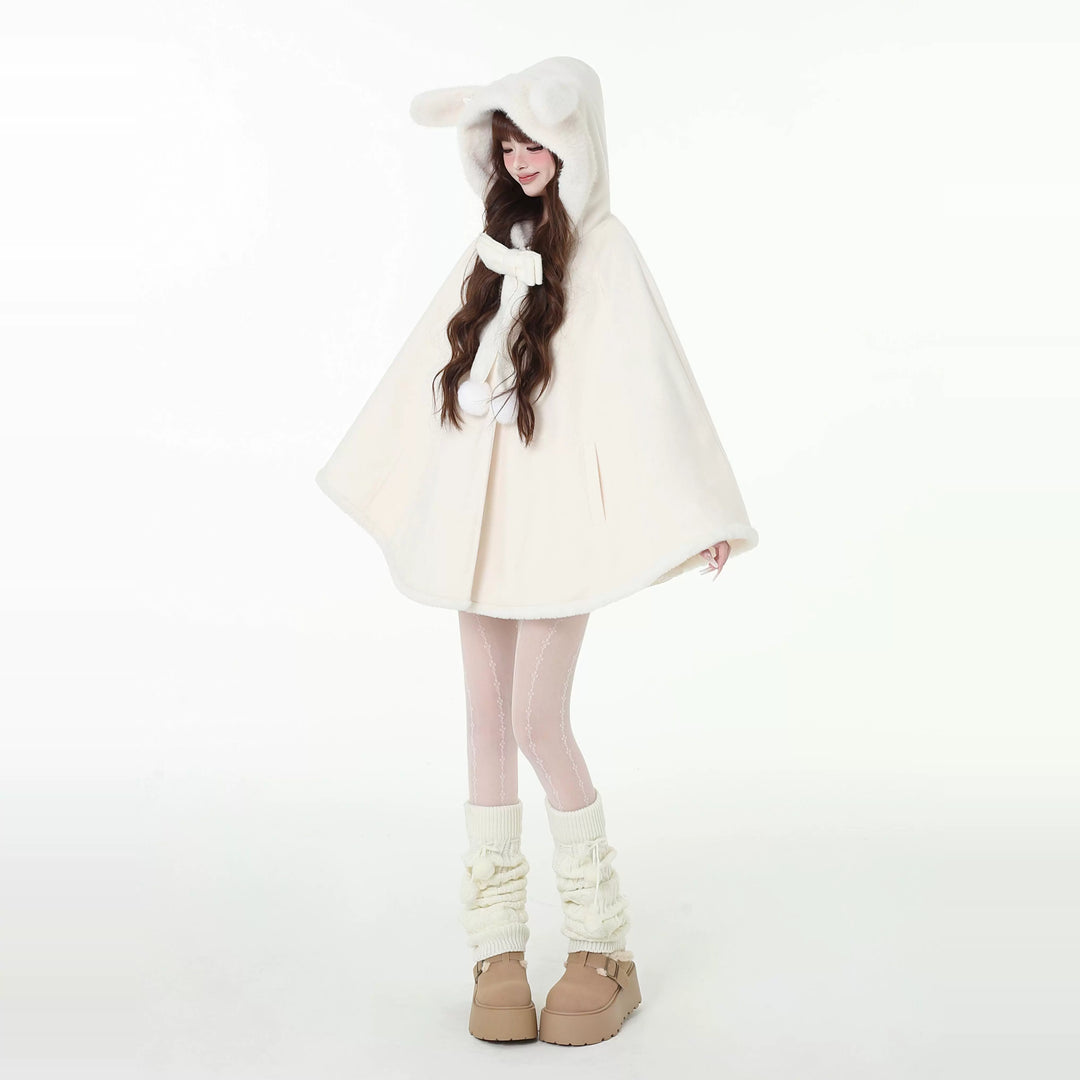 Jirai Kei Winter Coat White Bunny Ear Hooded Cape Coat 41056:684482