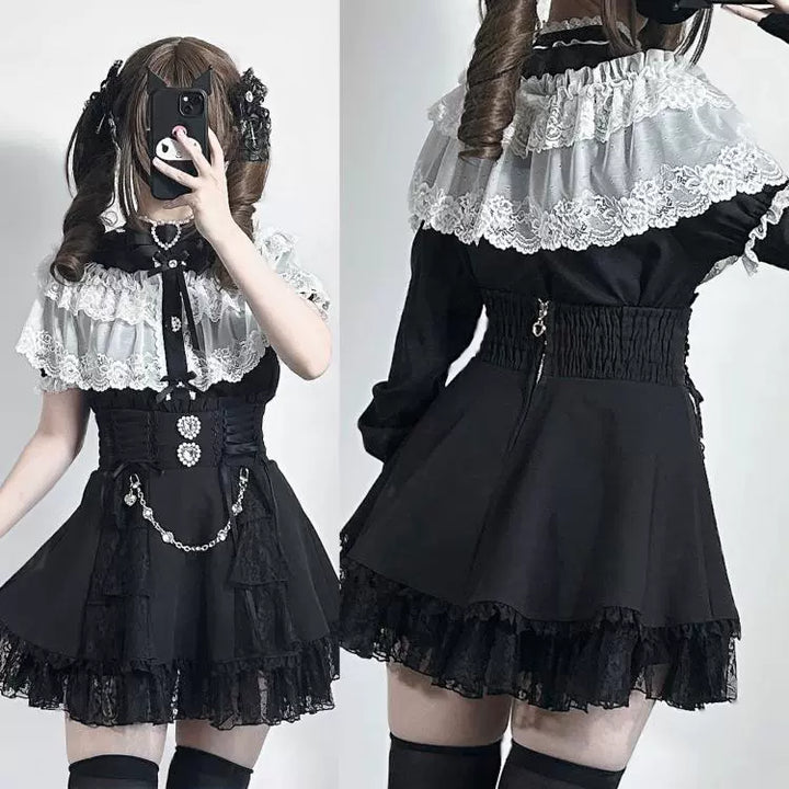 Jirai Kei Blouse with Layered Lace Cape & Detachable Sleeve 42860:755733