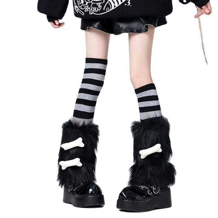 Y2K Socks Black Plush Leg Warmers Striped Knee Socks 39750:640746