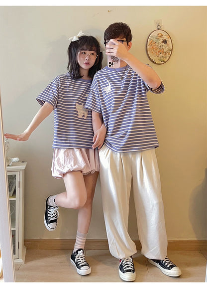 Kawaii Aesthetic Shirt Striped Short Sleeve Cotton Top 36562:518432