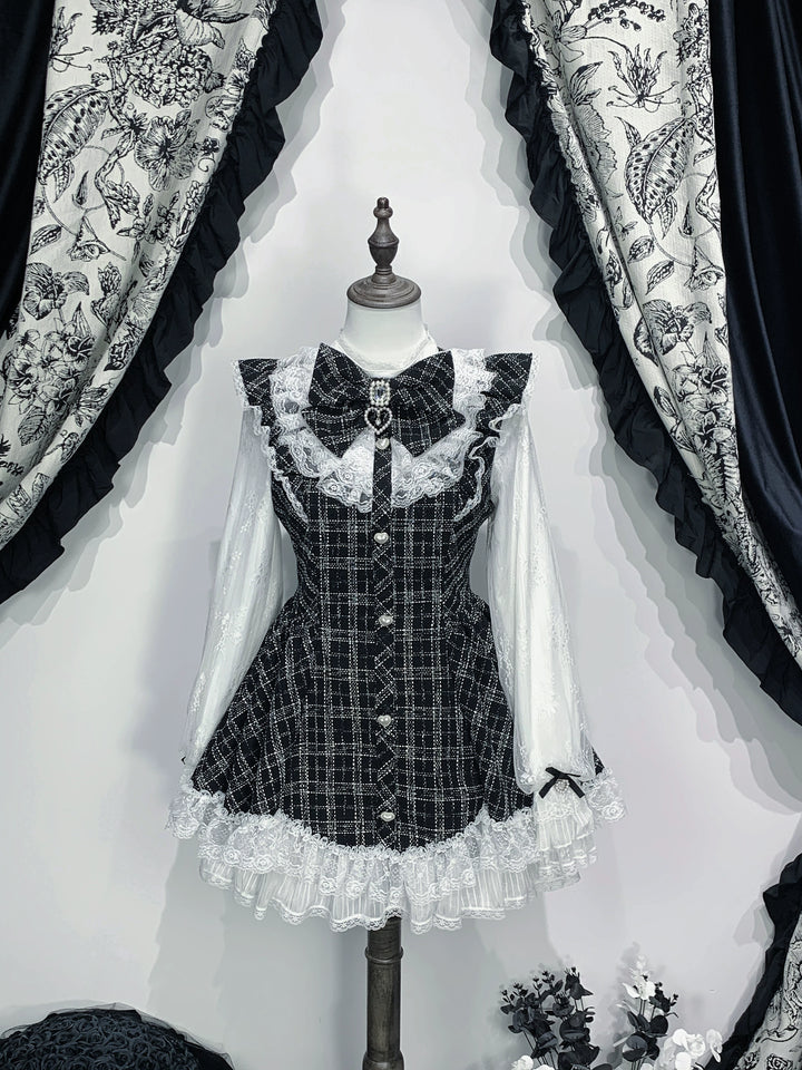 Jirai Kei Plaid Dress Set, Petal-Shaped Lace Hem (L M S XL) 44765:825645