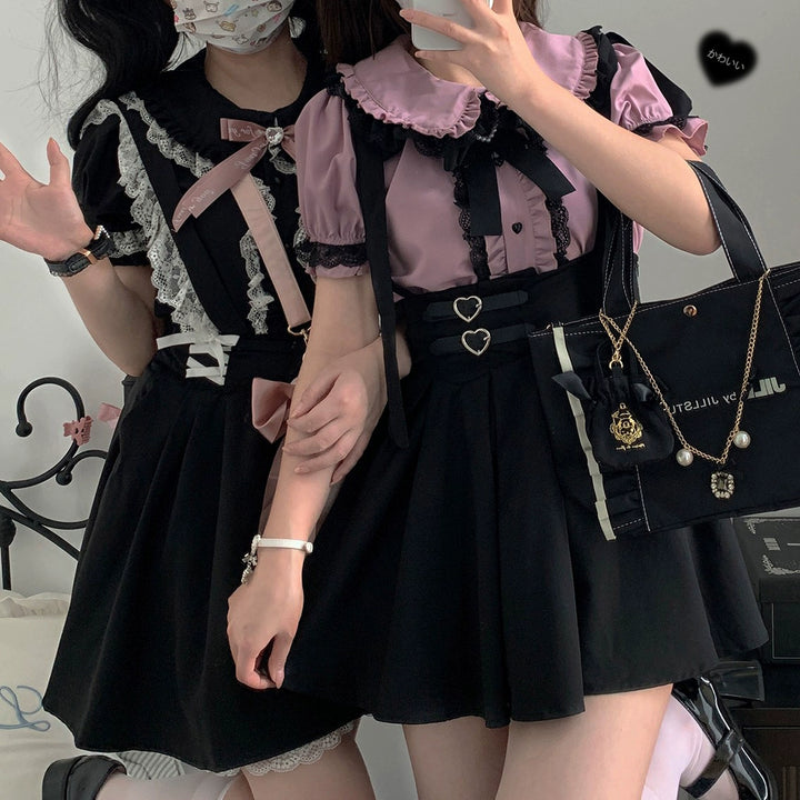 Jirai Kei Shirt Sweet Lace Blouse Short Sleeve Peter Pan Collar 35260:536026 35260:536026