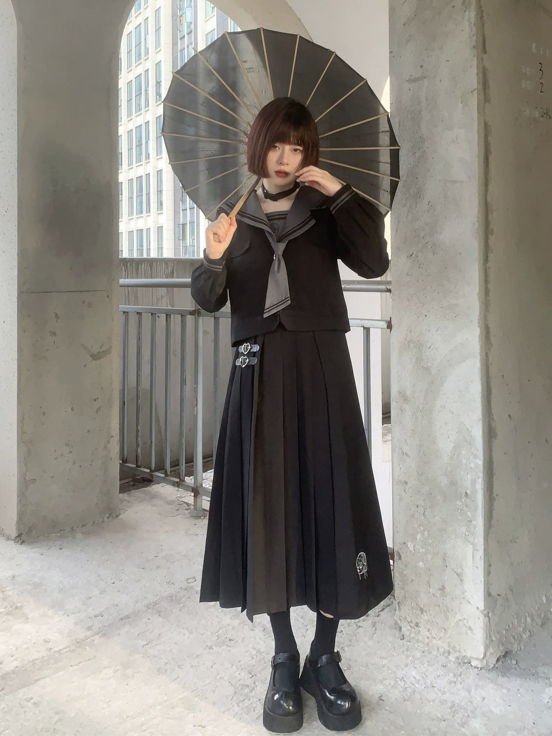 Black JK Uniform Sailor Collar Top Pocketed Pleated Skirt 43025:762292