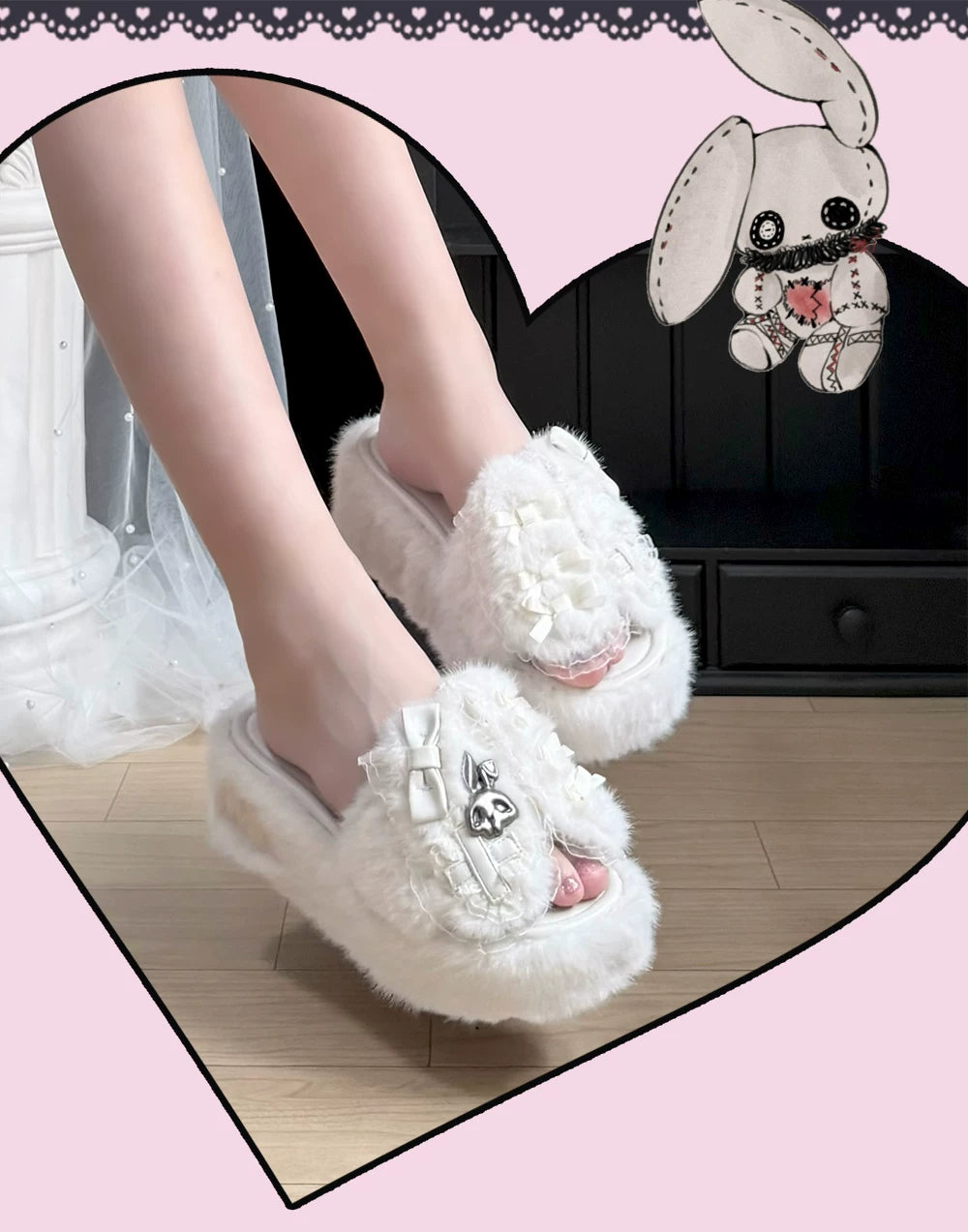 Jirai Kei Plush Wedge Platform Slippers, Bunny & Bow Accents 45959:870510