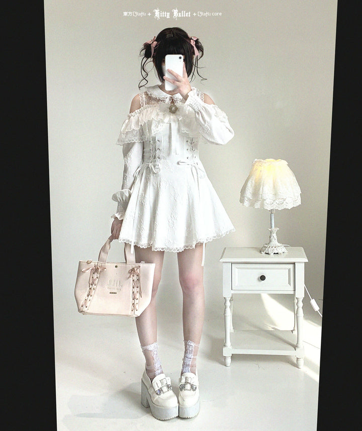 Jirai Kei Open-Shoulder Dress, Bust Lace Flounce Hem 44468:809917