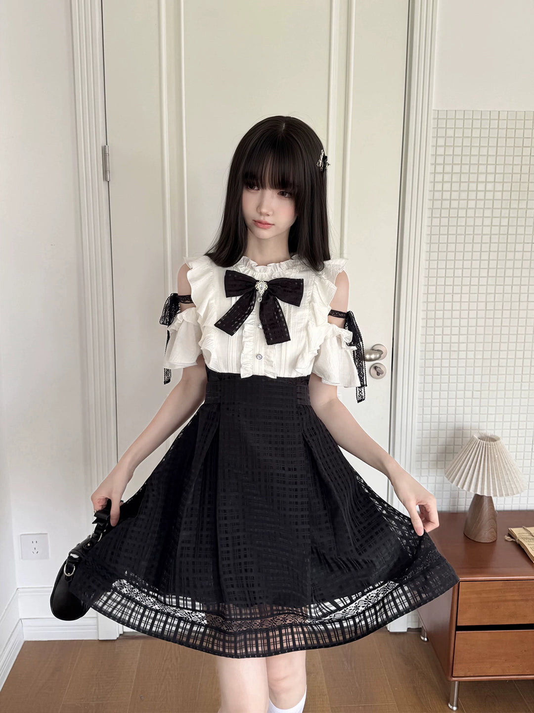 Seiso Kei Open Shoulder Dress, Black Lace Straps (L M S) 45799:863056