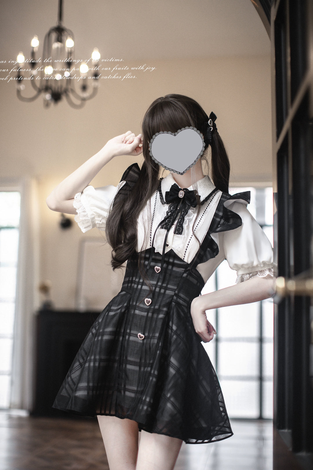 Black Jirai Kei Plaid Suspender Skirt Set with White Blouse 42918:760670
