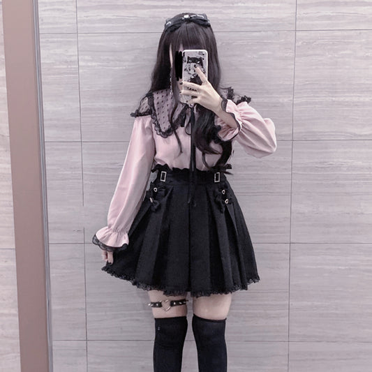 Jirai Kei Black Pink Blouse Shoulder Open Blouse (L M S) 21718:321200