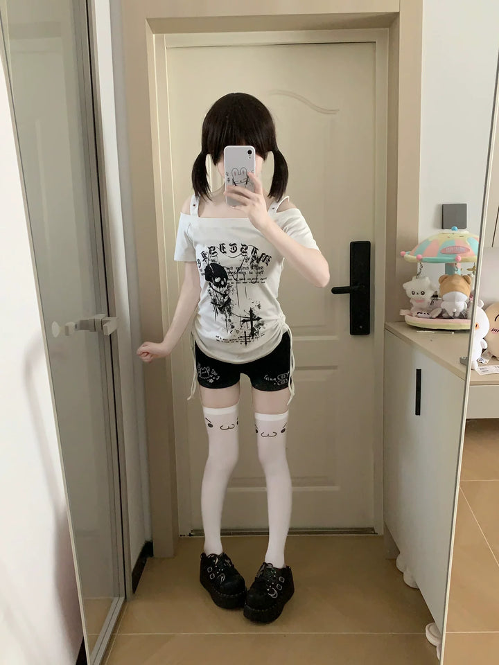 Subculture Skull Printed T-Shirt, Side Drawstring 45643:858233