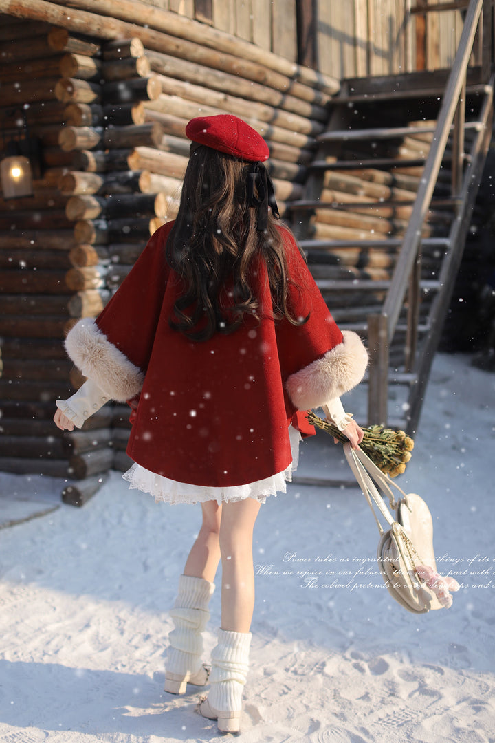 Christmas Woolen Blend Red Cloak, Beige Blouse 44037:793482