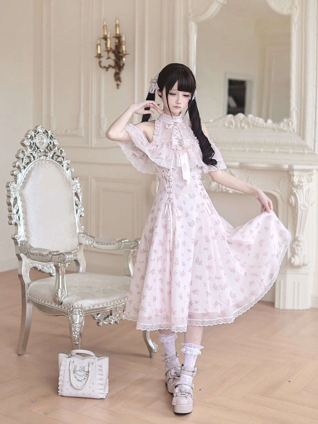 Seiso Kei Floral Print Long Dress, Open Shoulder 45360:847070