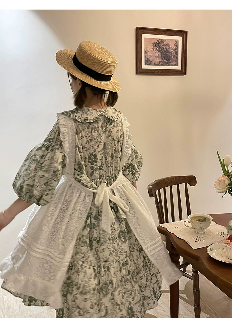 Mori Kei Dress Bubble Sleeve Vintage Green Floral Dress 36552:531212
