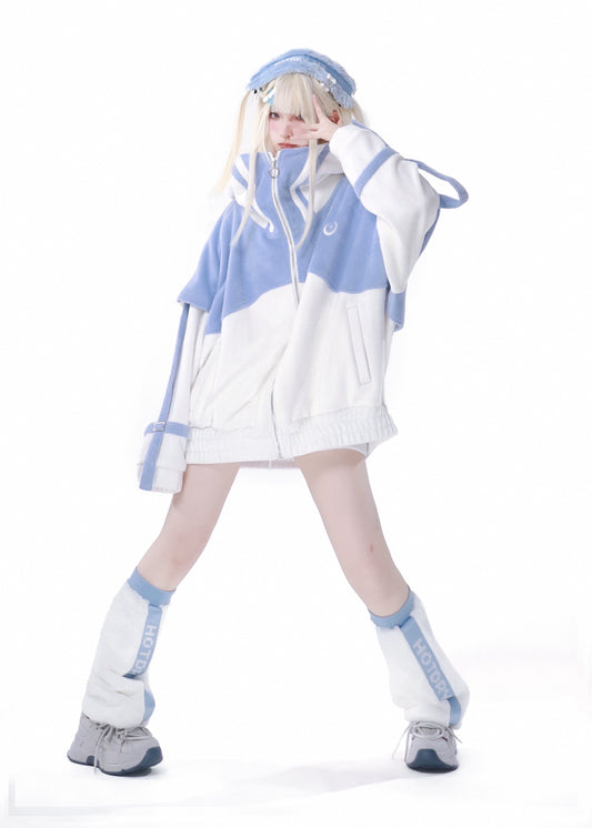 Jirai Kei Outfits Blue White Coat Plush Sportswear Set 34498:465472