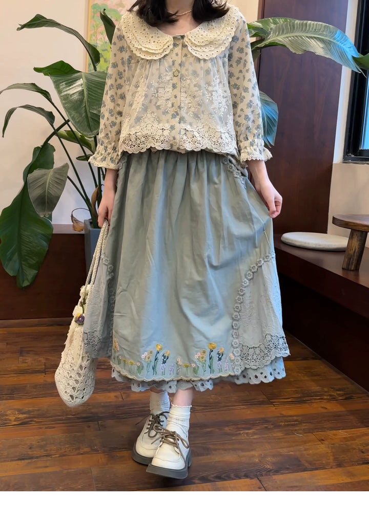 Mori Kei Skirt Sweet Retro Linen Embroidered Long Skirt 41802:714138