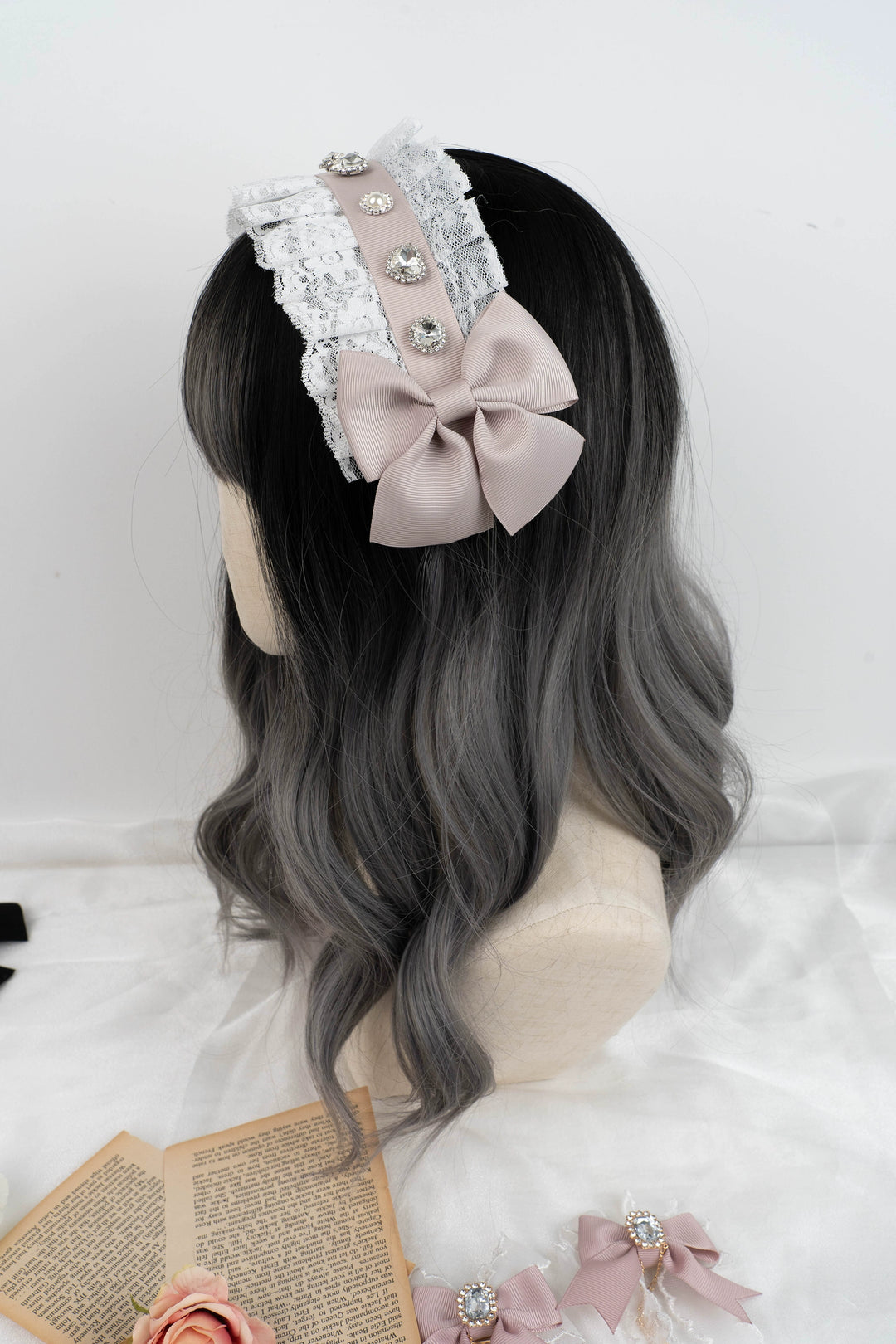 Jirai Kei Headband Lace Bow Headdress Rhinestones Hair Accessory 35650:507228 35650:507228