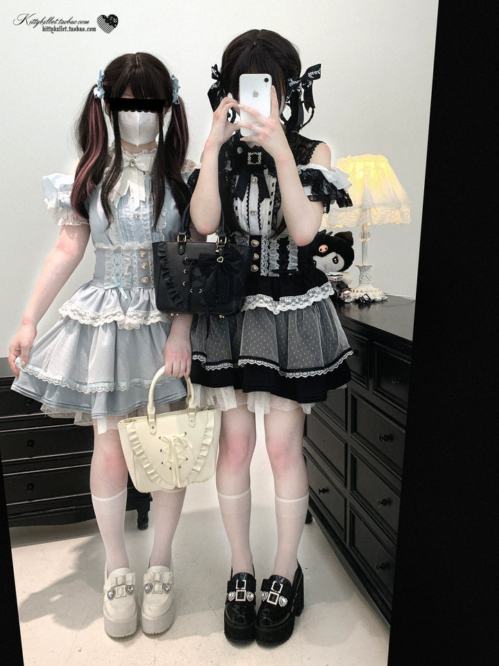 Lace Open Shoulder Jirai Kei Blouse, Heart Rhinestone 43692:783120