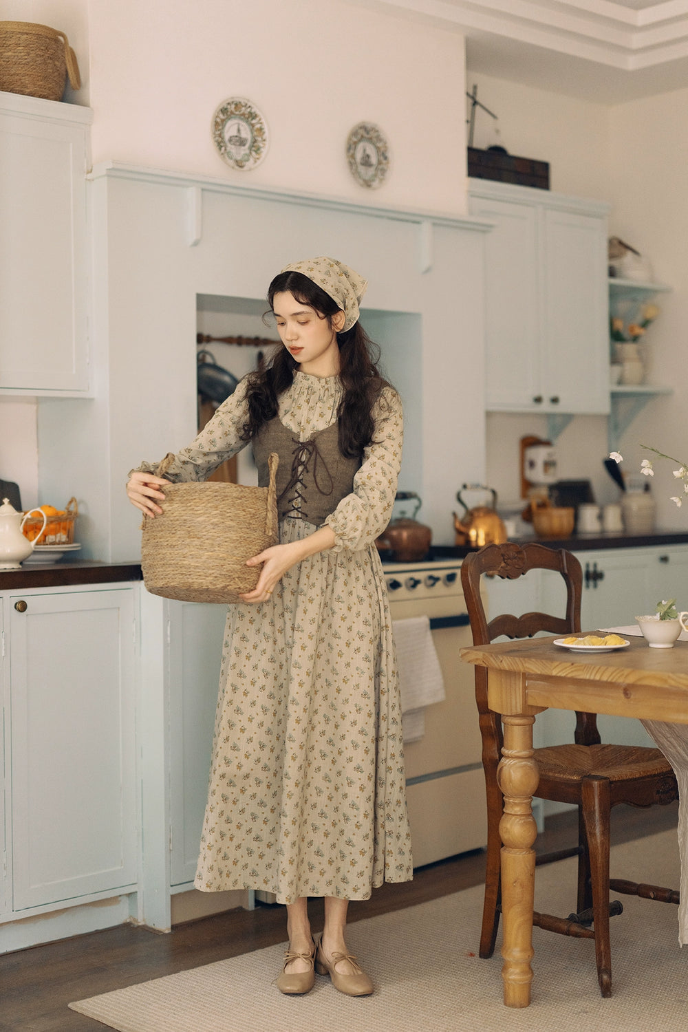 Cotton Mori Kei Outfit Set Floral Long Dress & Vintage Vest 42620:746906