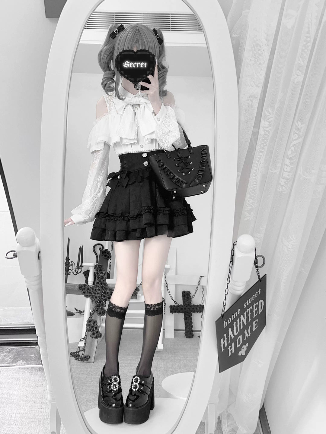 Jirai Kei Lace Skirt, Black Jacquard And Houndstooth Style 44163:801154