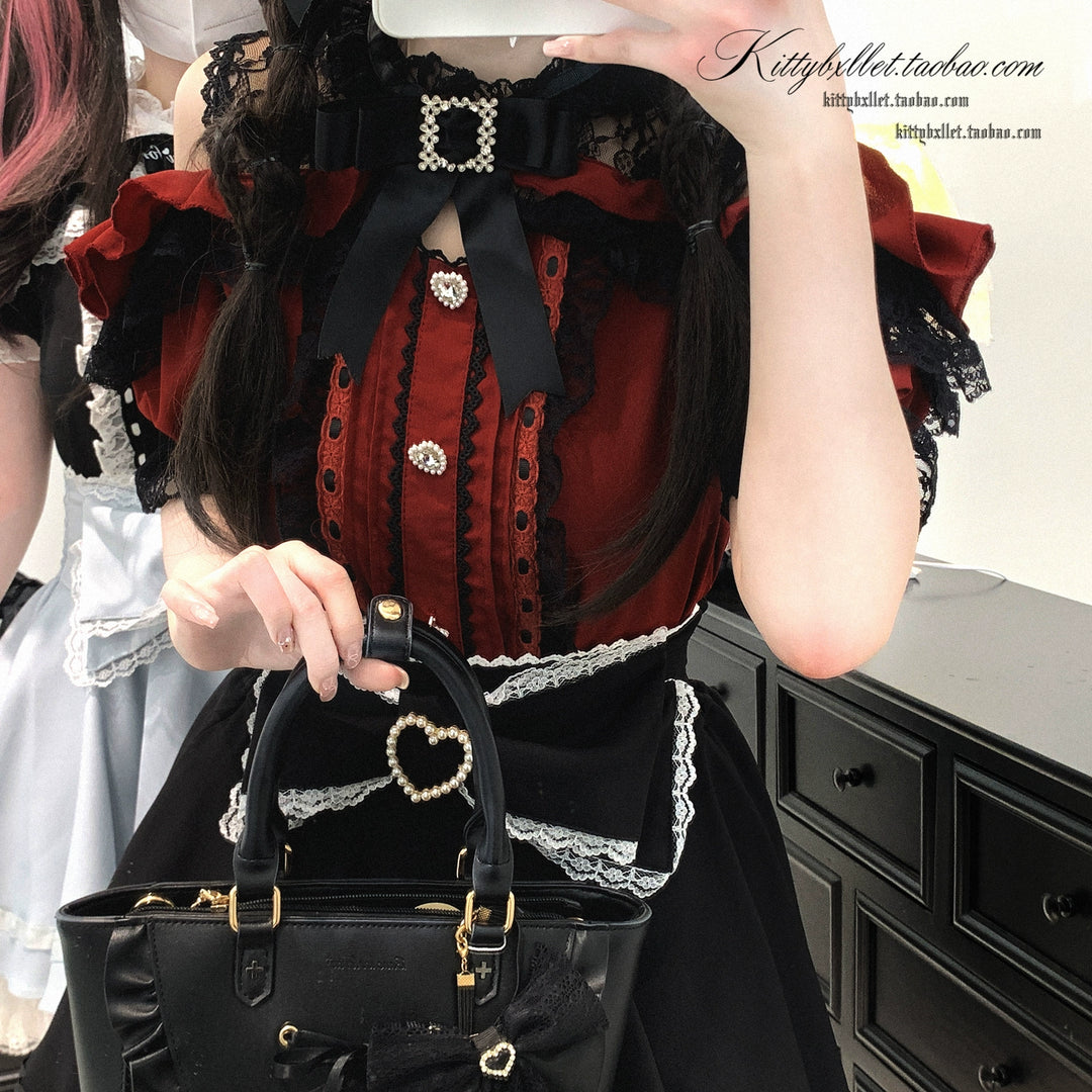 Lace Open Shoulder Jirai Kei Blouse, Heart Rhinestone 43692:783128