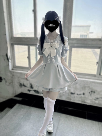 Jirai Kei Dress Set Short Sleeve Lace Dress And Shorts 37652:567806