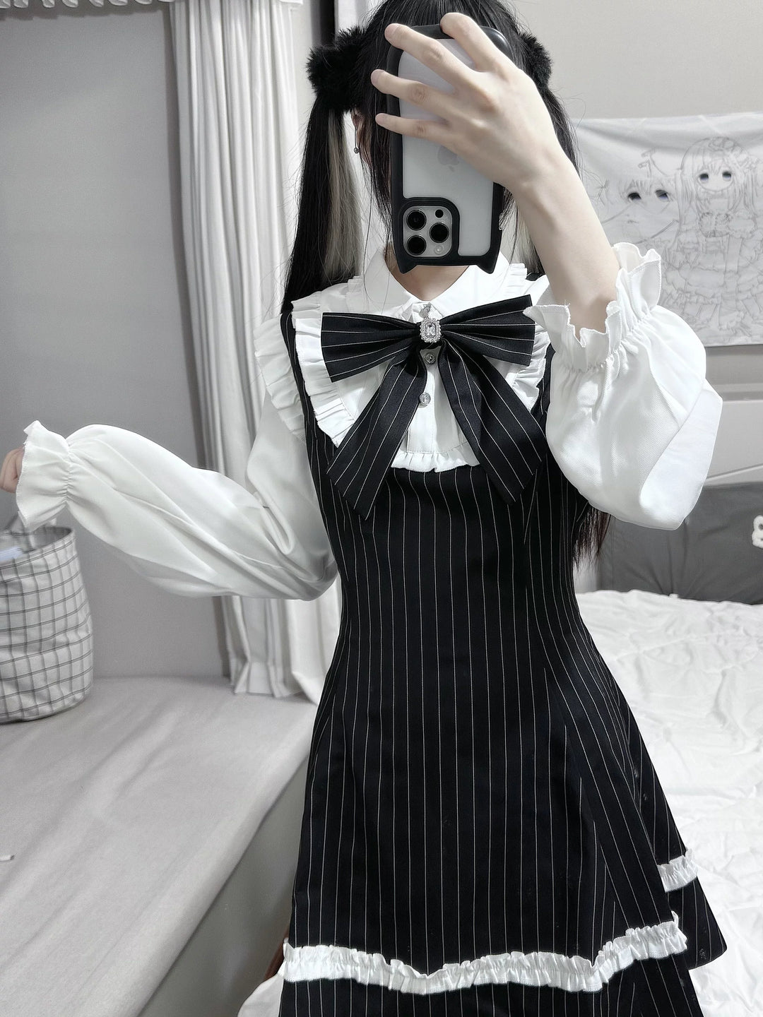 Jirai Kei Striped Long-Sleeve Dress, Detachable Bow 45797:864475