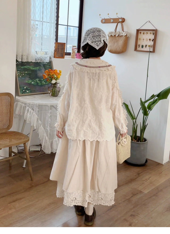 Mori Kei Skirt Sweet Retro Linen Embroidered Long Skirt 41802:714060