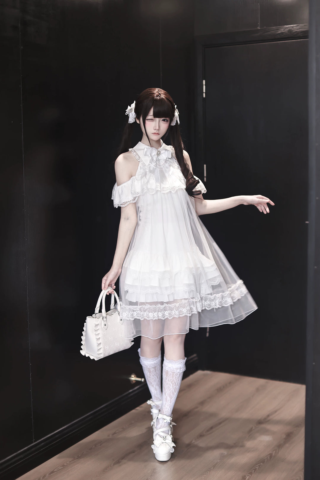 White Lace Open Shoulder Dress, Voile Outer Layered 45423:850597