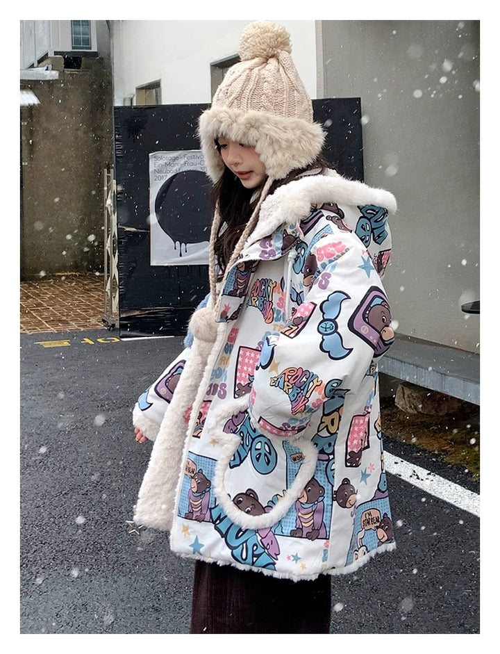 Kawaii Winter Coat Thickened Print Reversible Hooded Coat 39796:640868