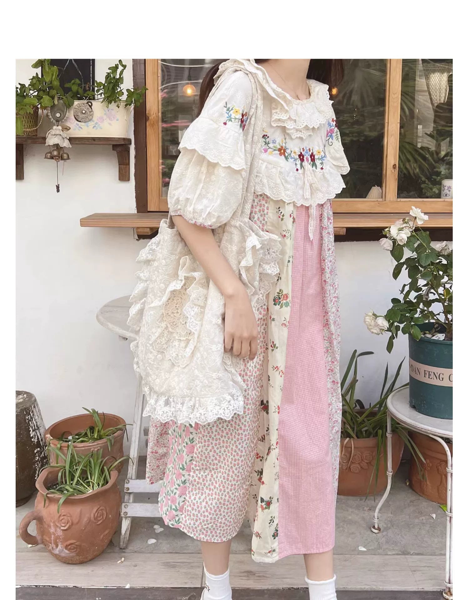 Mori Kei Cottagecore Dress Floral Dress Lantern Sleeves Dress 36216:524306