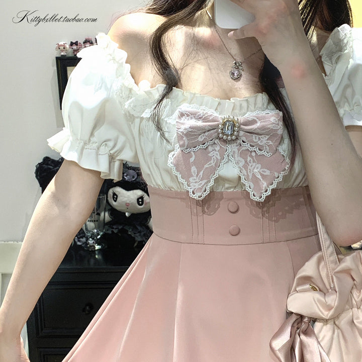 Puff Sleeve Jirai Kei Dress with Lace Bow and Shorts 43072:764371