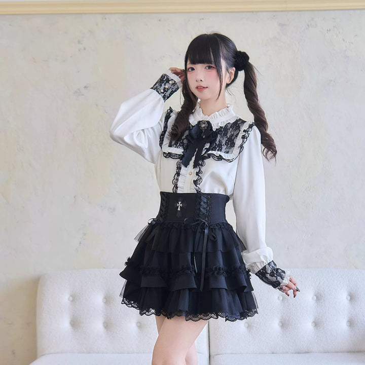 Jirai Kei Stand Collar Ruffle Blouse Black Layered Skirt 41986:721412